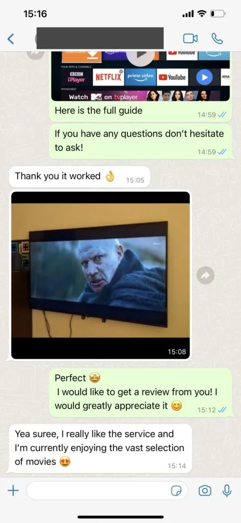 vixeo tv verified customer WhatsApp feedback and activation confirmation screenshot 1