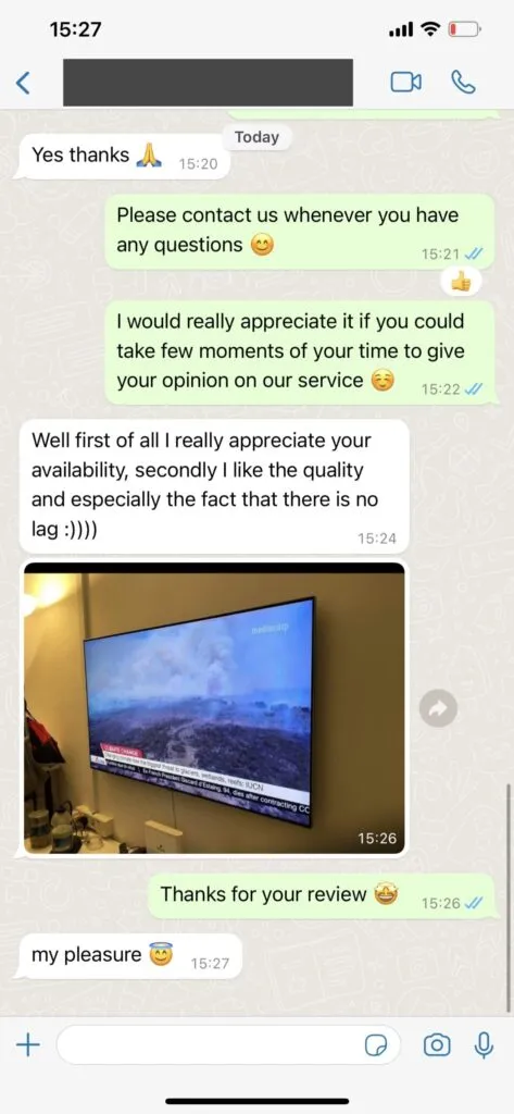 vixeo tv verified customer WhatsApp feedback and activation confirmation screenshot 2