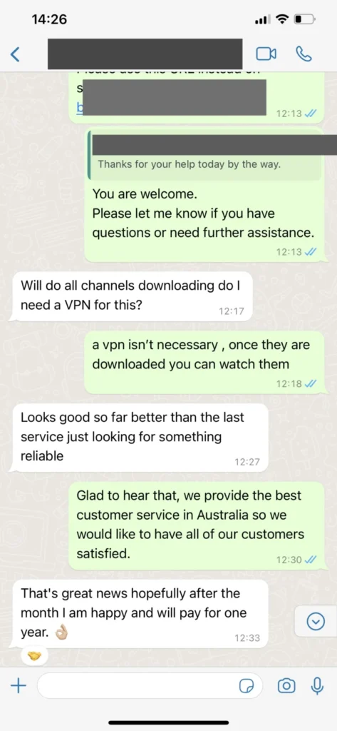 vixeo tv verified customer WhatsApp feedback and activation confirmation screenshot 3